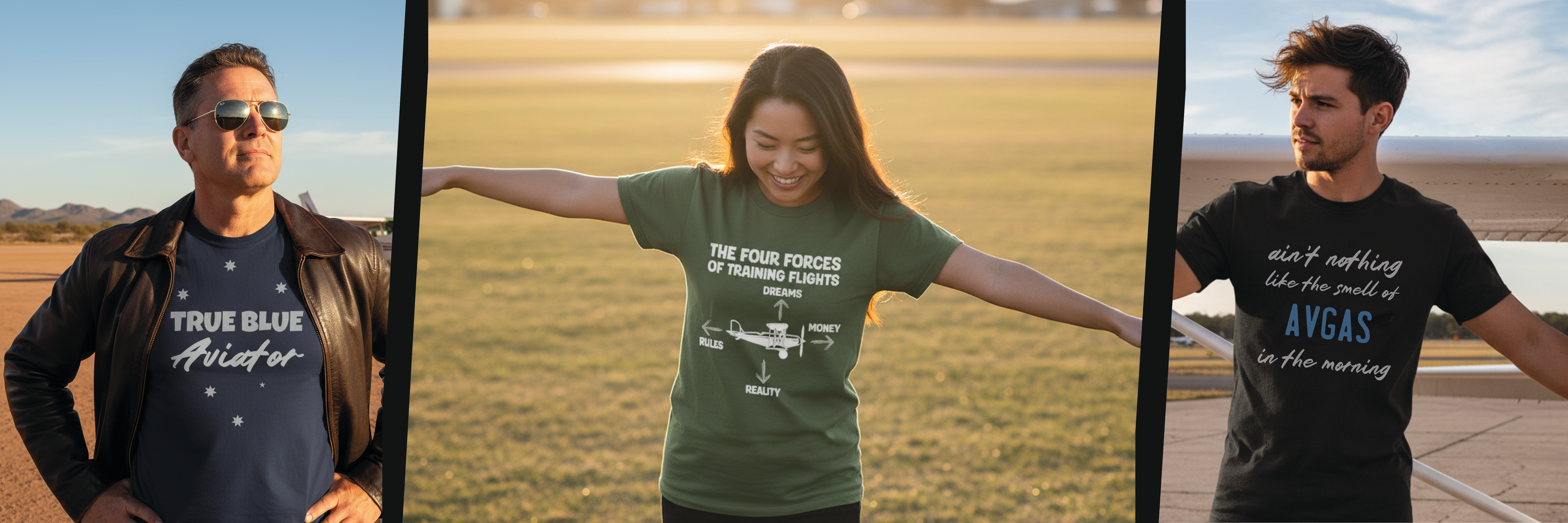 A triptych of a middle aged man, young woman, and younger man, in various poses. wearing t-shirts from the Flytees Apparel t-shirt collection.